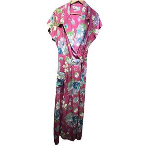 Vintage 70s Peggy Prim Floral Wrap Maxi Dress Pink Boho Retro L XL